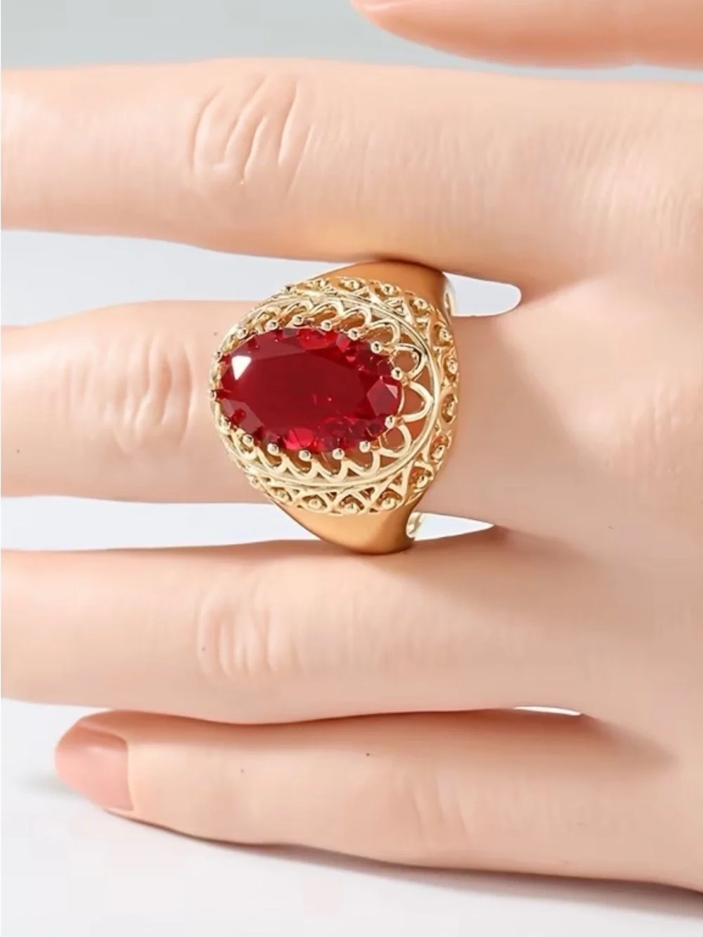 Gold Red Teardrop Cocktail Ring - Women Jewelry